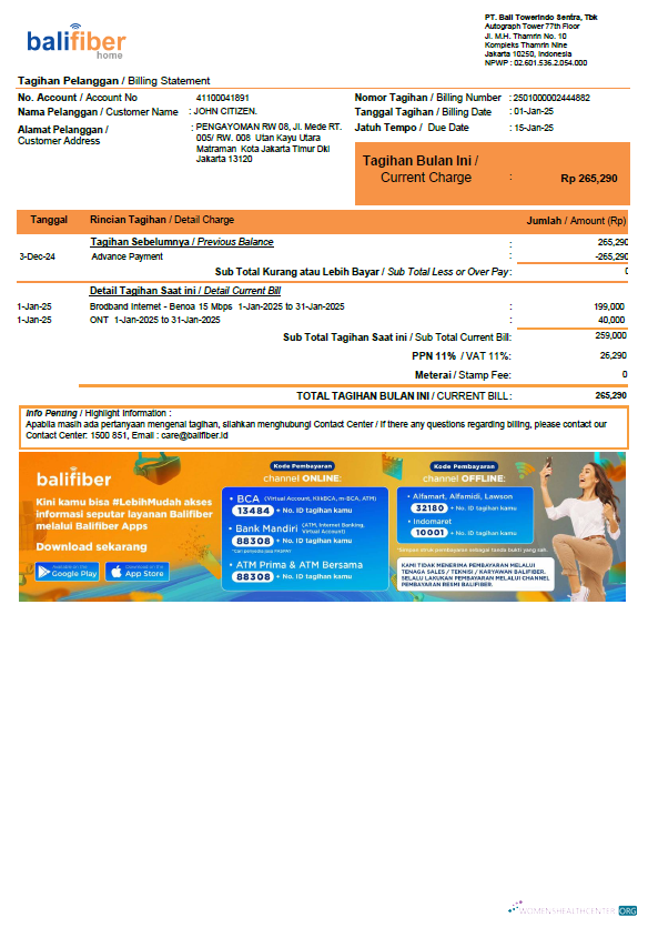 download download Indonesia Balifiber utility bill template in Word and PDF formats PDF template PDF template